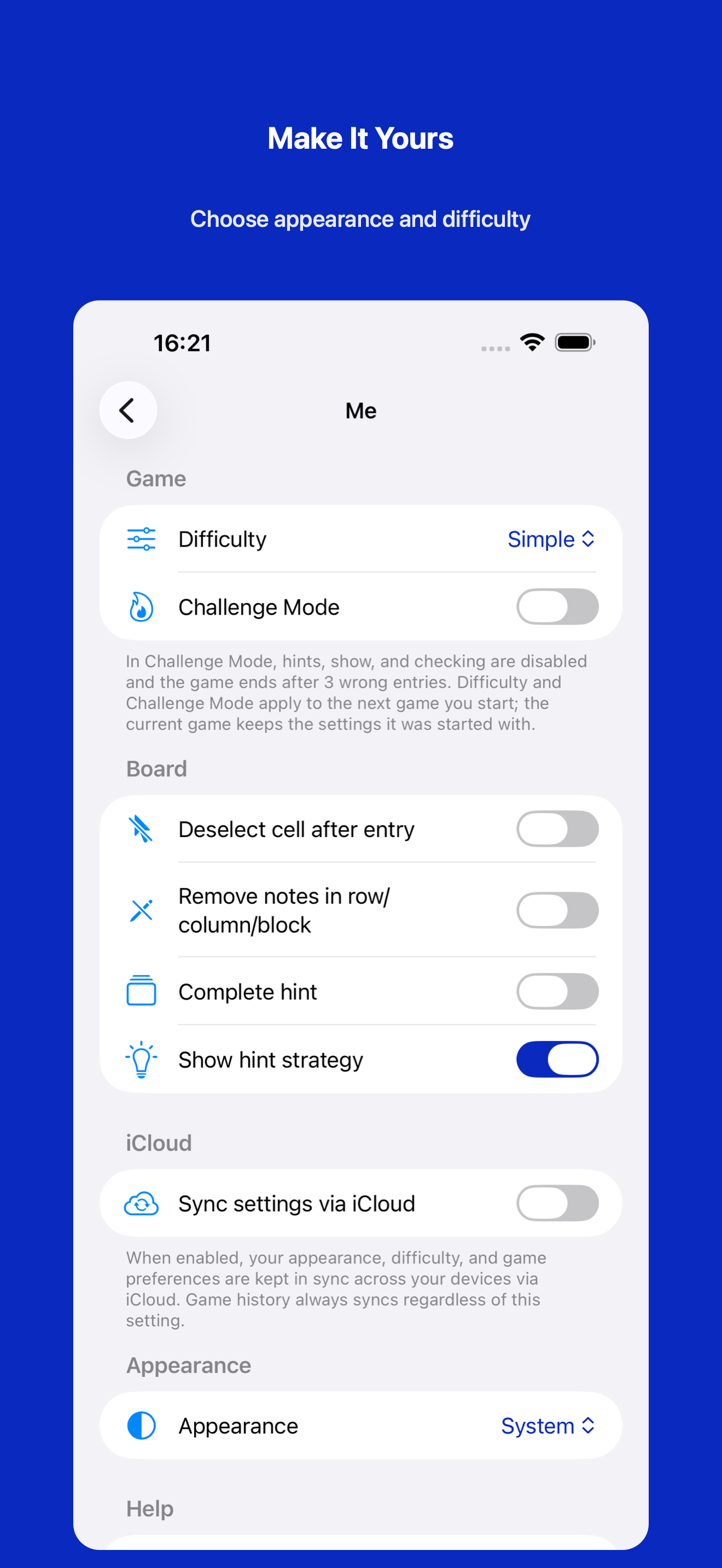 Sudoku settings with appearance and difficulty options